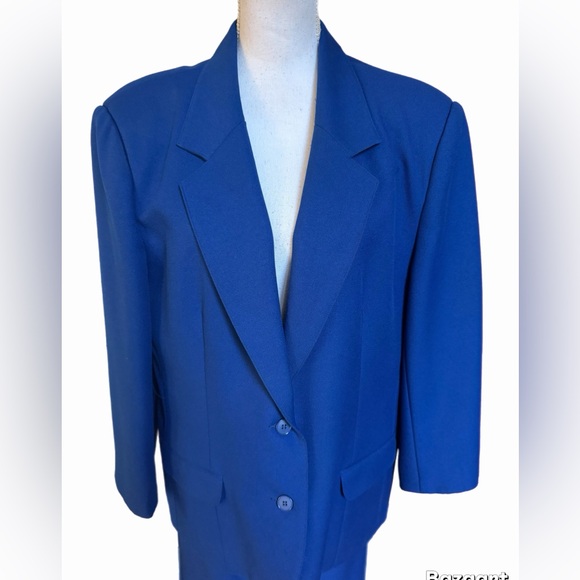 Leslie Faye 2pc Skirt Suit Royal Blue Size 16 Jkt Lined Skirt Elastic Waist Belt - Picture 3 of 8